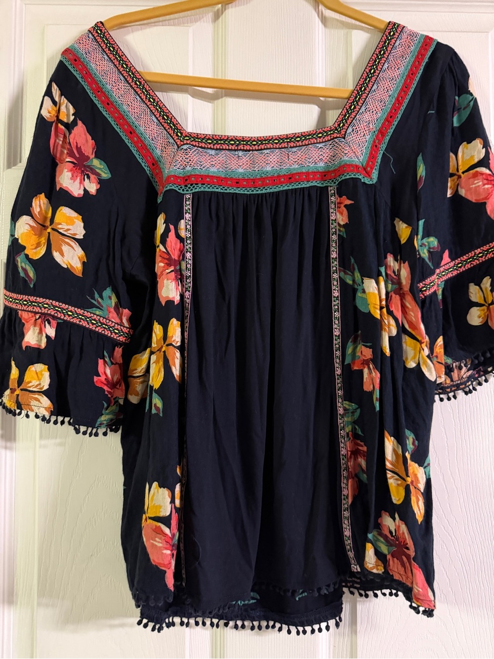 Anthropologie Floral Navy Top with Embroidered Trim